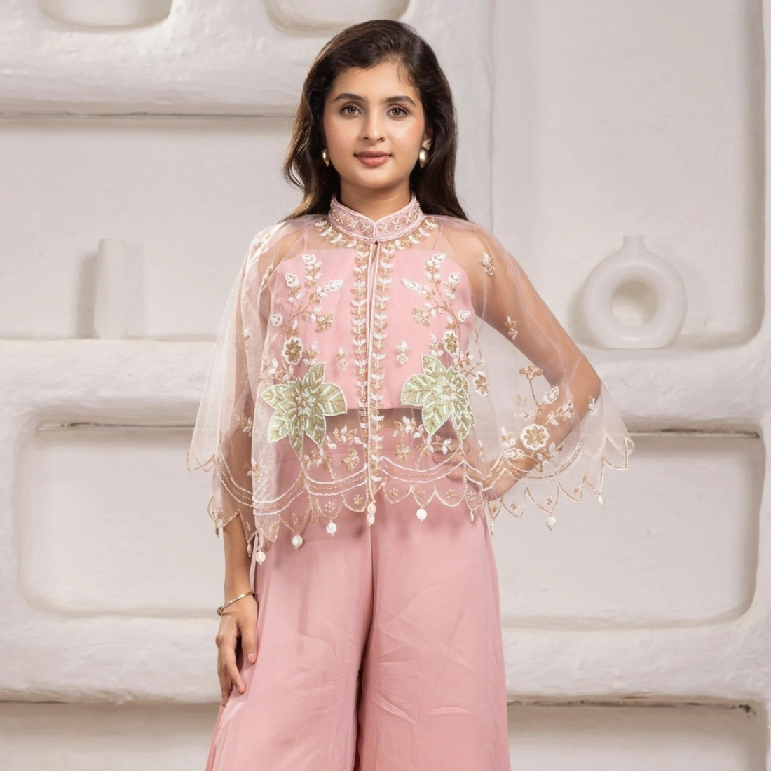 Cape Style Palazzo Set With Sequin Floral Embroidery For Girls