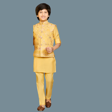 Boys Gold Jacket Set with Embroidered Jacket