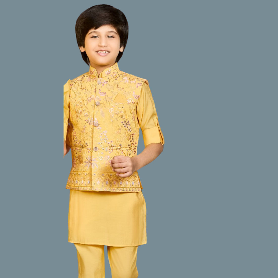 Boys Gold Jacket Set with Embroidered Jacket