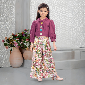 Wine Western Palazzo Set For Girls