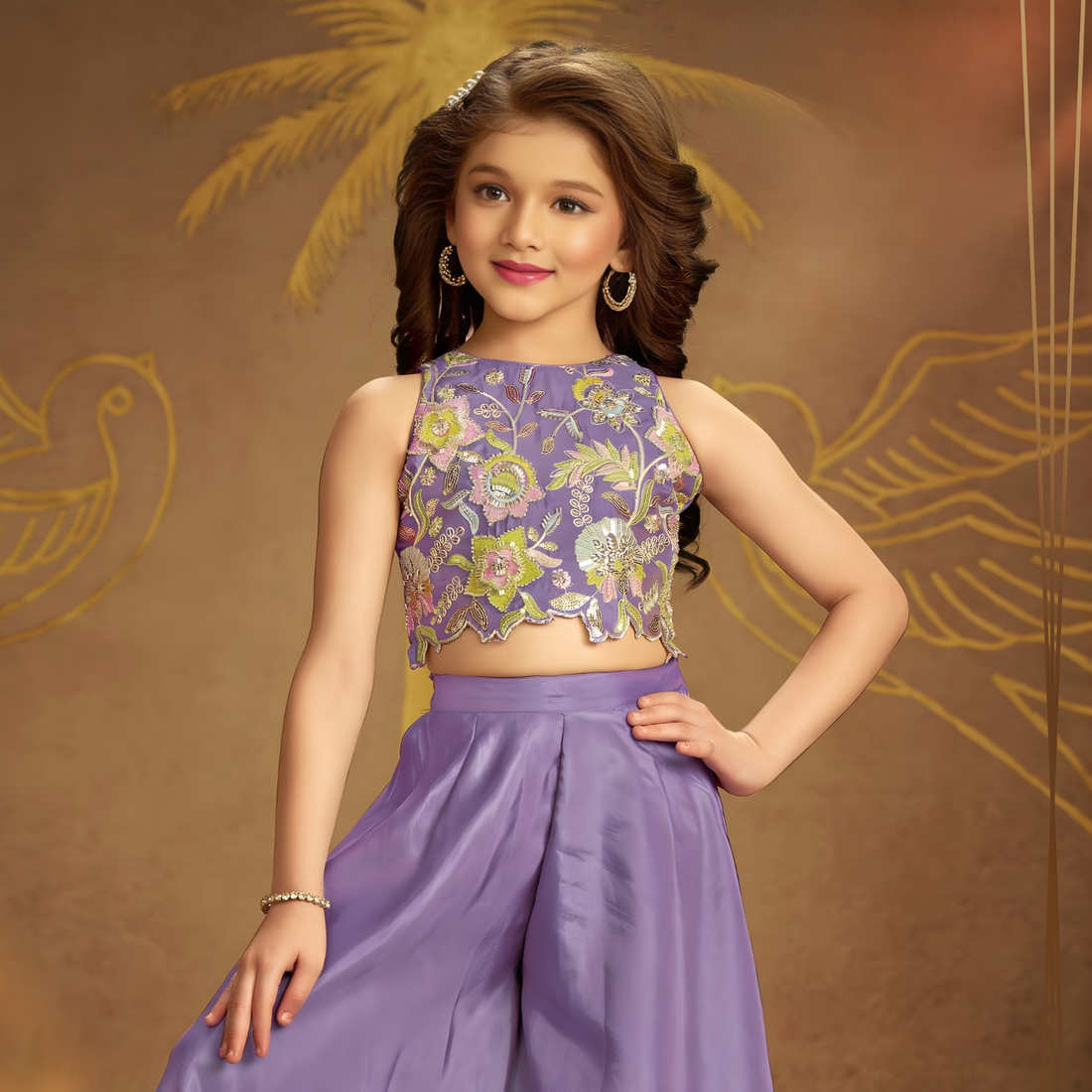 Purple Sequins, Thread work Palazzo Suit Set For Girls