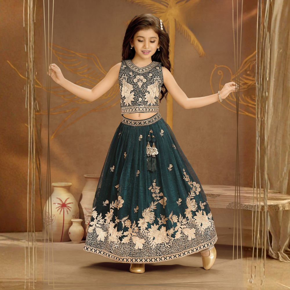 Stylish Blue Embroidered Kids Lehenga Choli Set