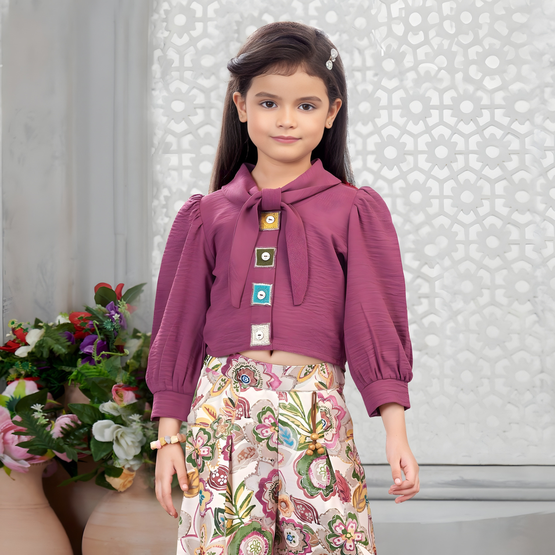 Wine Western Palazzo Set For Girls