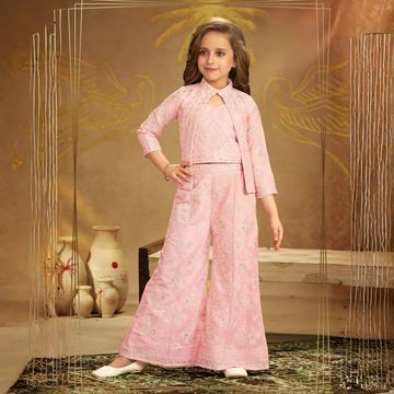 Pink Palazzo Set with Crop Top and Matching Jacket For Girls