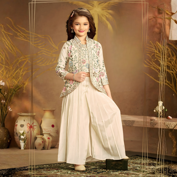 Girls Cream Embroidered Top with Palazzo & Long Shrug Set