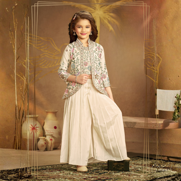 Cream Embroidered Cape Style Palazzo Set For Girls With Designer Jacket