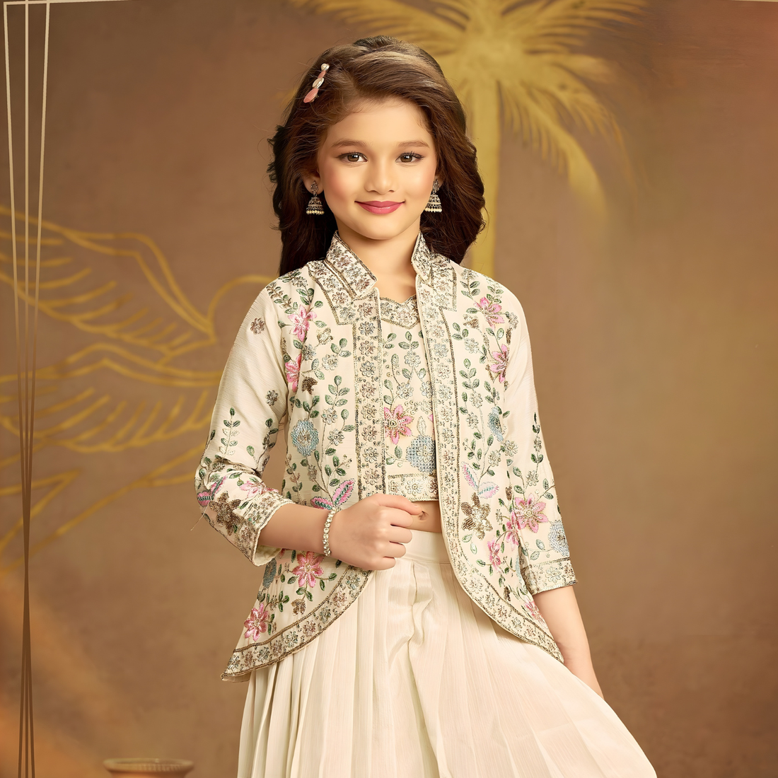 Girls Cream Embroidered Top with Palazzo & Long Shrug Set