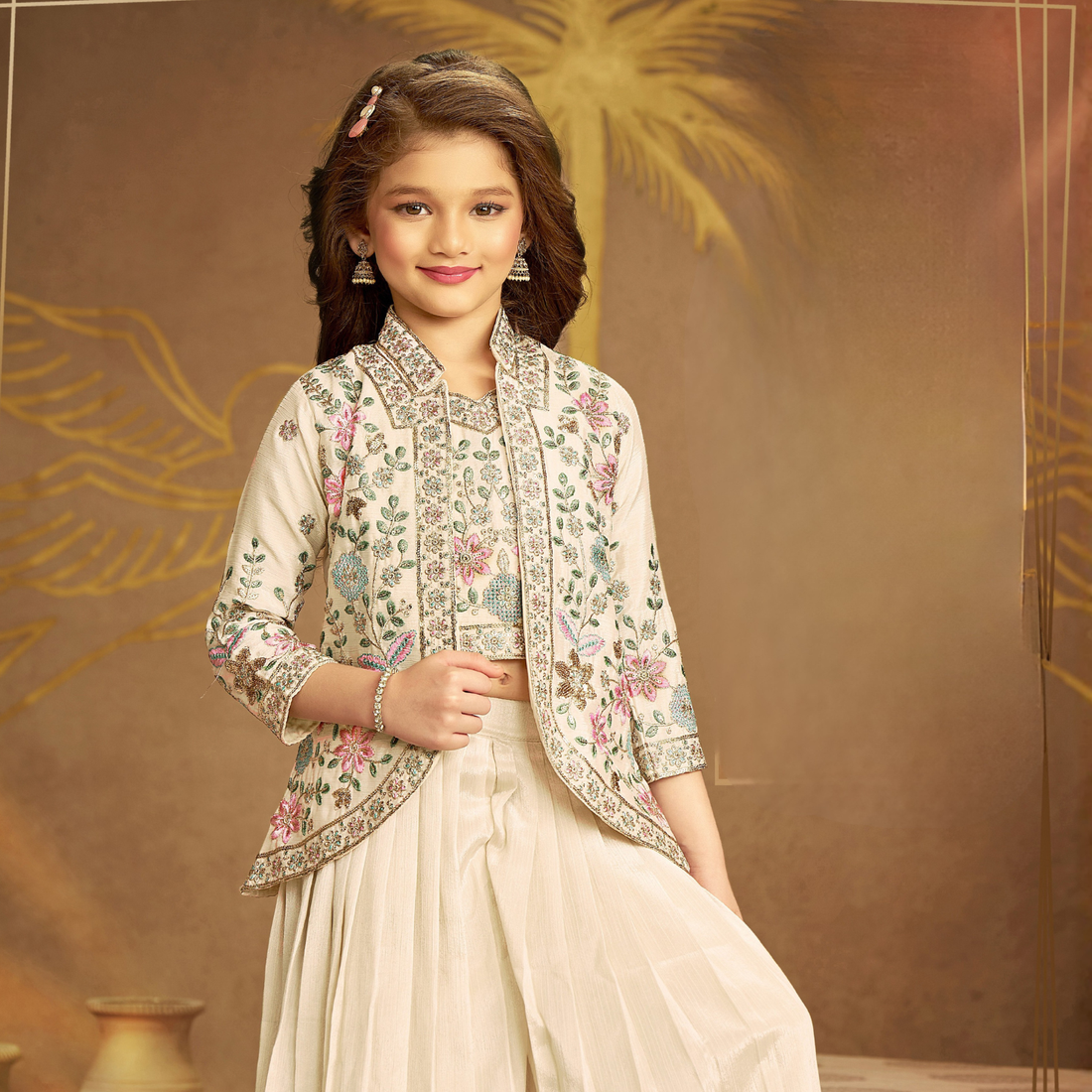 Cream Embroidered Cape Style Palazzo Set For Girls With Designer Jacket