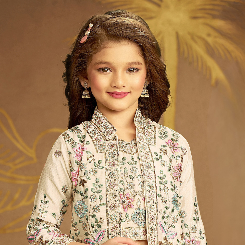 Cream Embroidered Cape Style Palazzo Set For Girls With Designer Jacket