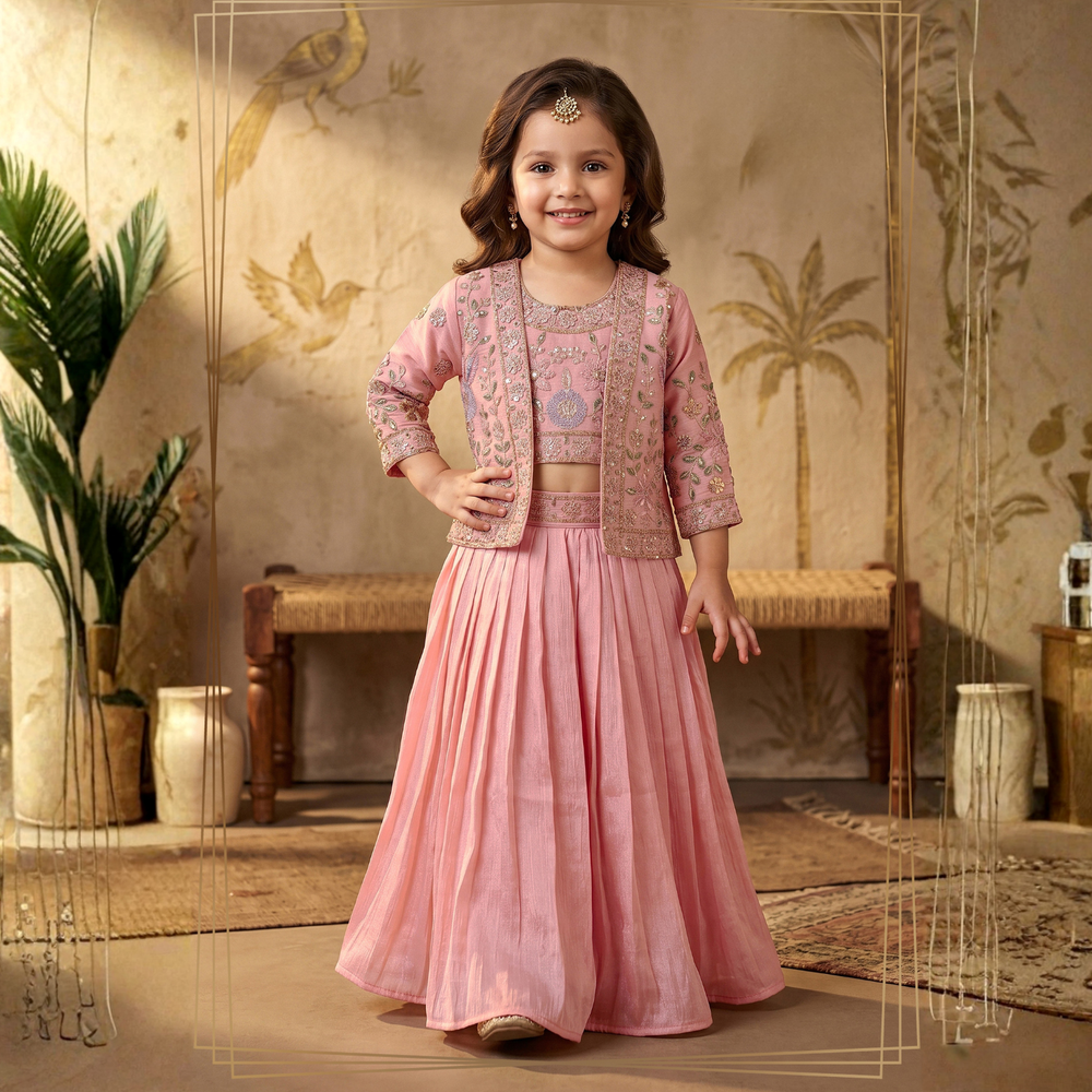 Pink Embroidered Cape Style Palazzo Set For Girls With Designer Jacket