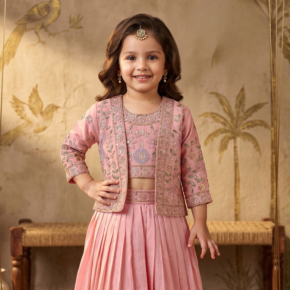 Pink Embroidered Cape Style Palazzo Set For Girls With Designer Jacket