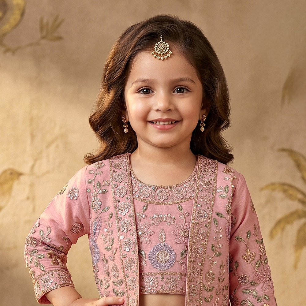 Pink Embroidered Cape Style Palazzo Set For Girls With Designer Jacket