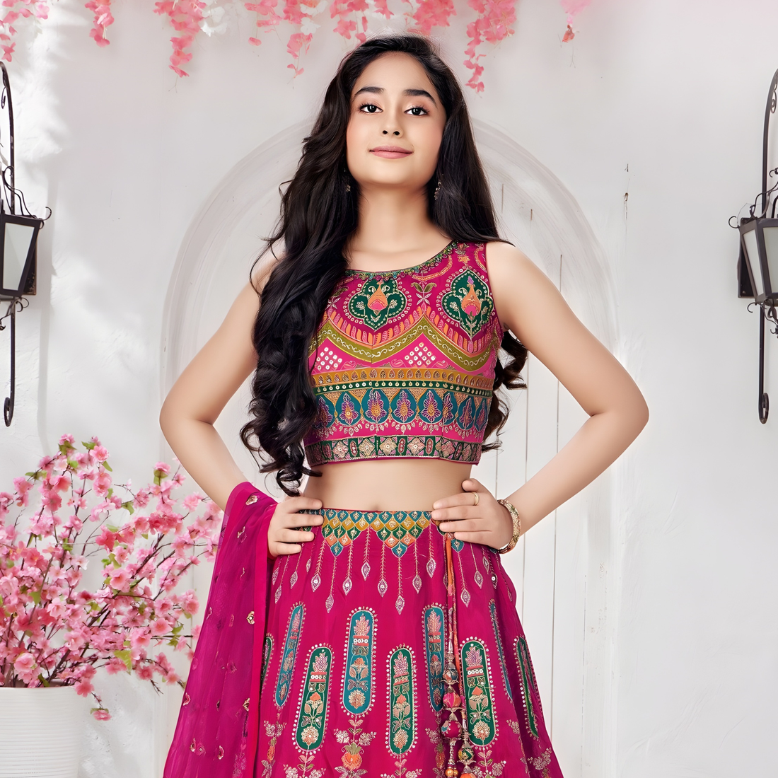 Rani Pink and Embroidered Lehenga Choli with Dupatta For Girls