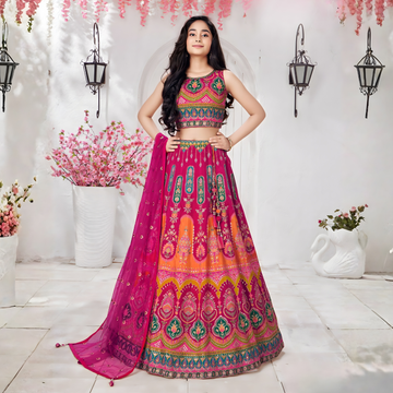 Rani Pink and Embroidered Lehenga Choli with Dupatta For Girls
