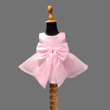 Pink Shimmer Organza Frock With Bow