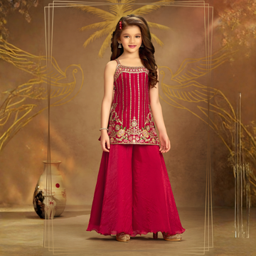 Rani Pink Sequin And Embroidery Work Palazzo Set For Girls