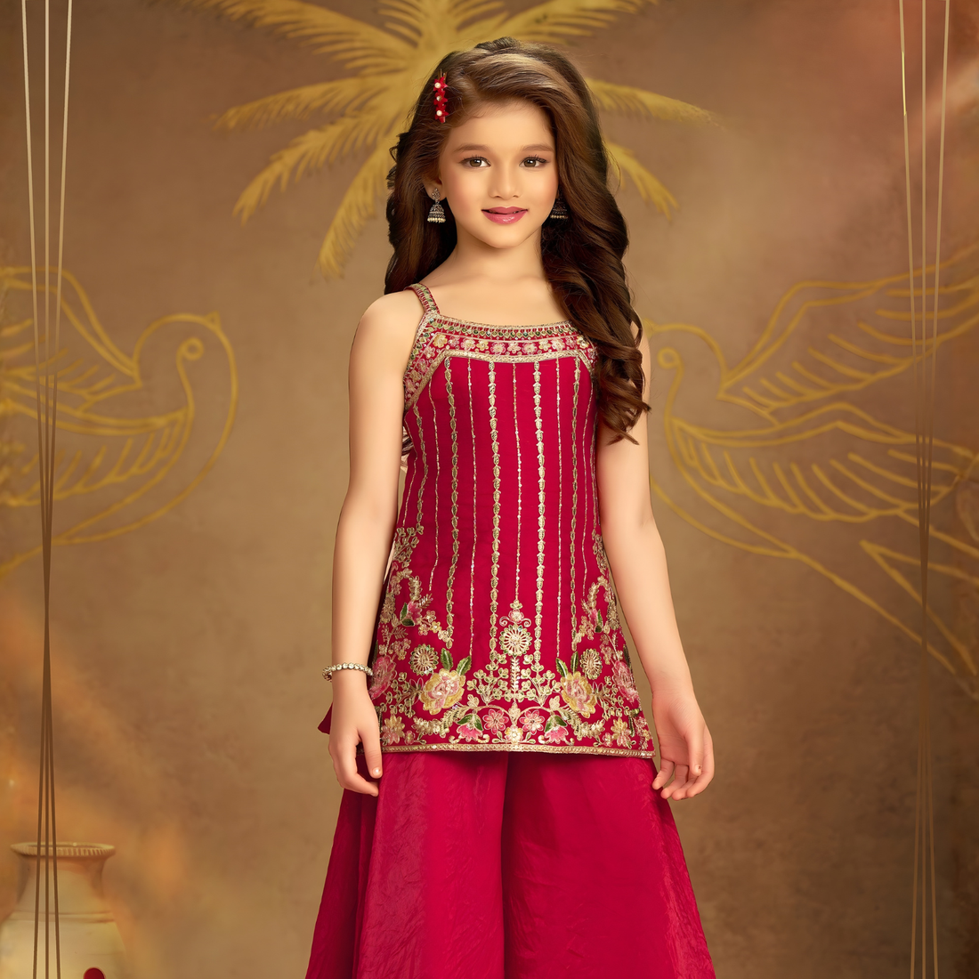 Rani Pink Sequin And Embroidery Work Palazzo Set For Girls