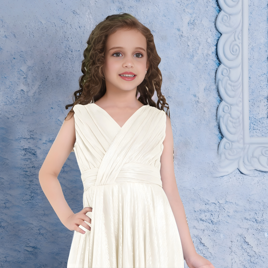 Sky Cream Shimmer Party Gown For Girls