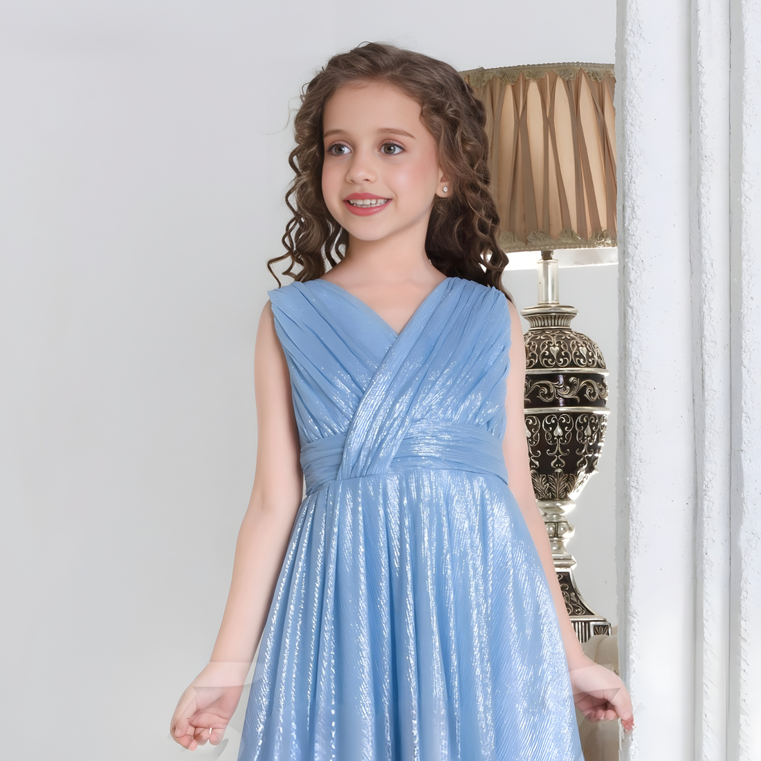Sky Light Blue Shimmer Party Gown For Girls