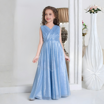 Sky Light Blue Shimmer Party Gown For Girls