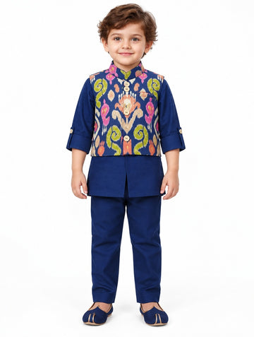 Boys Peacock Blue Ikat-Print Jacket, Kurta and Pajama Set