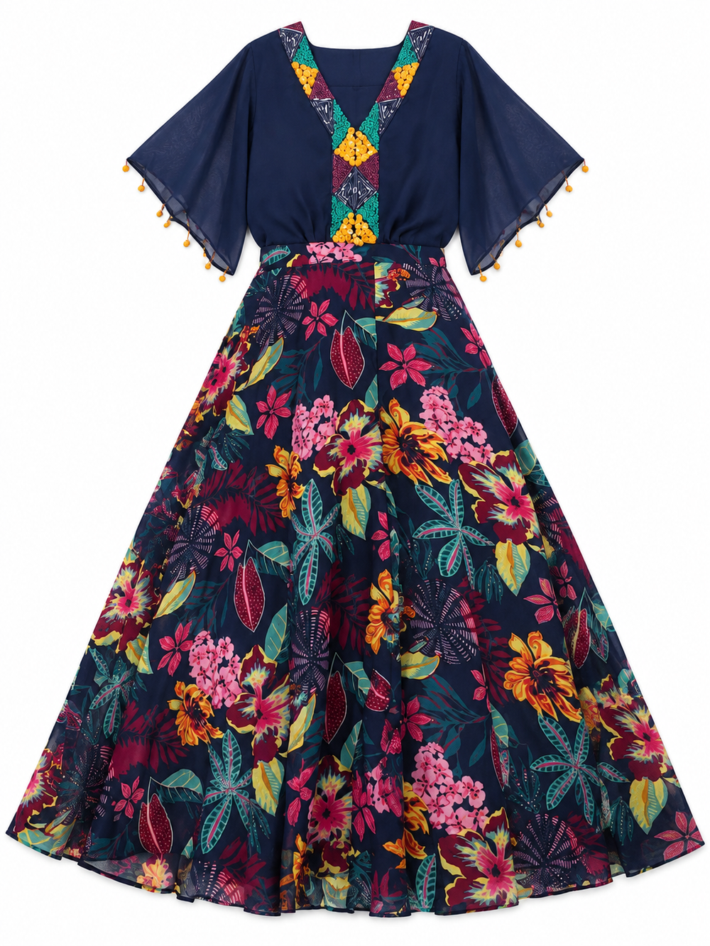 Girls Navy Kaftan Top with Tropical Floral Print Lehenga Set