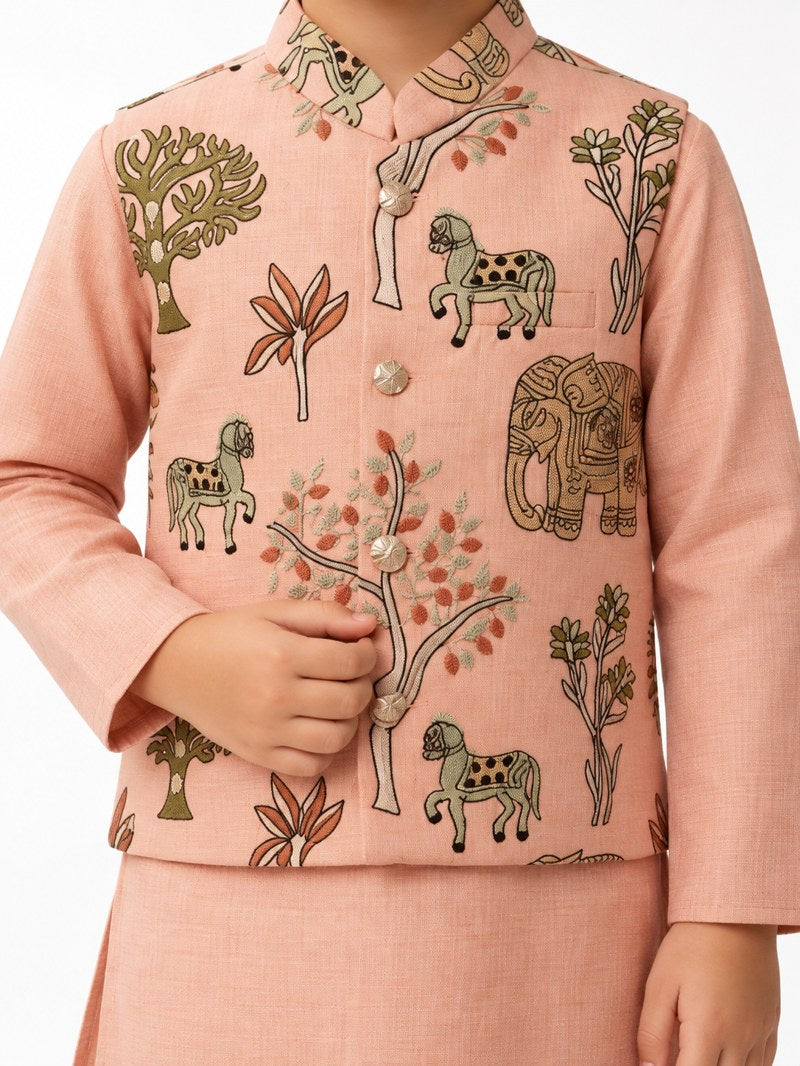 Boys Peach Printed Waistcoat, Kurta and Trouser Set