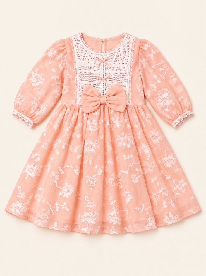 Girls Peach Floral Frock with Crochet Yoke