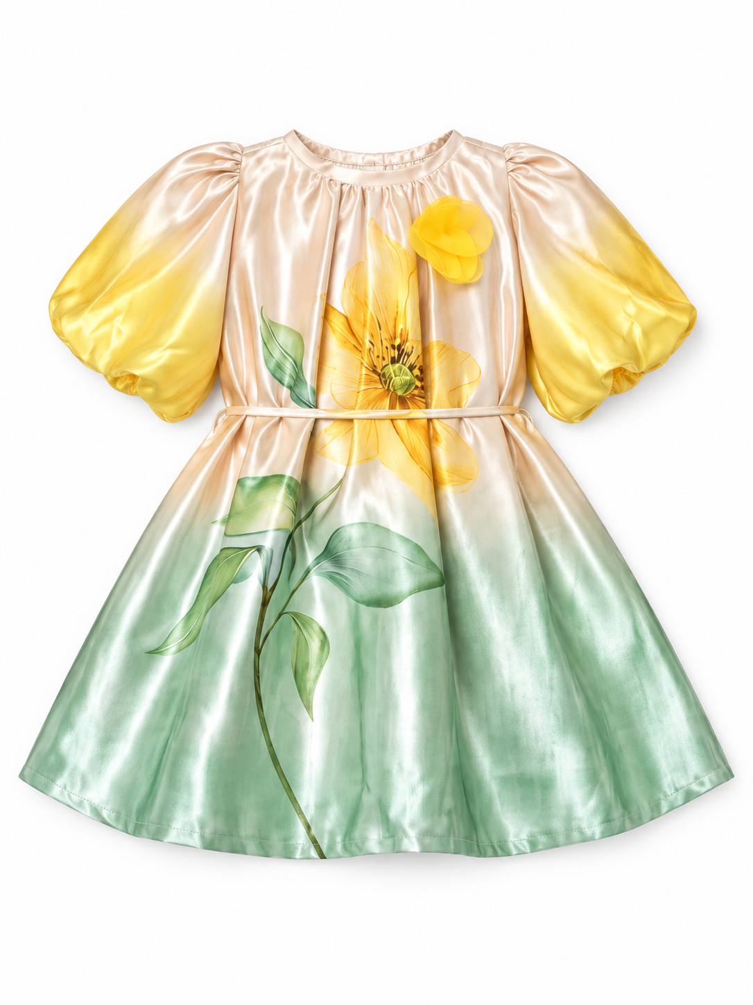 Girls Mustard Yellow Sunflower Satin Frock with Puff Sleeves