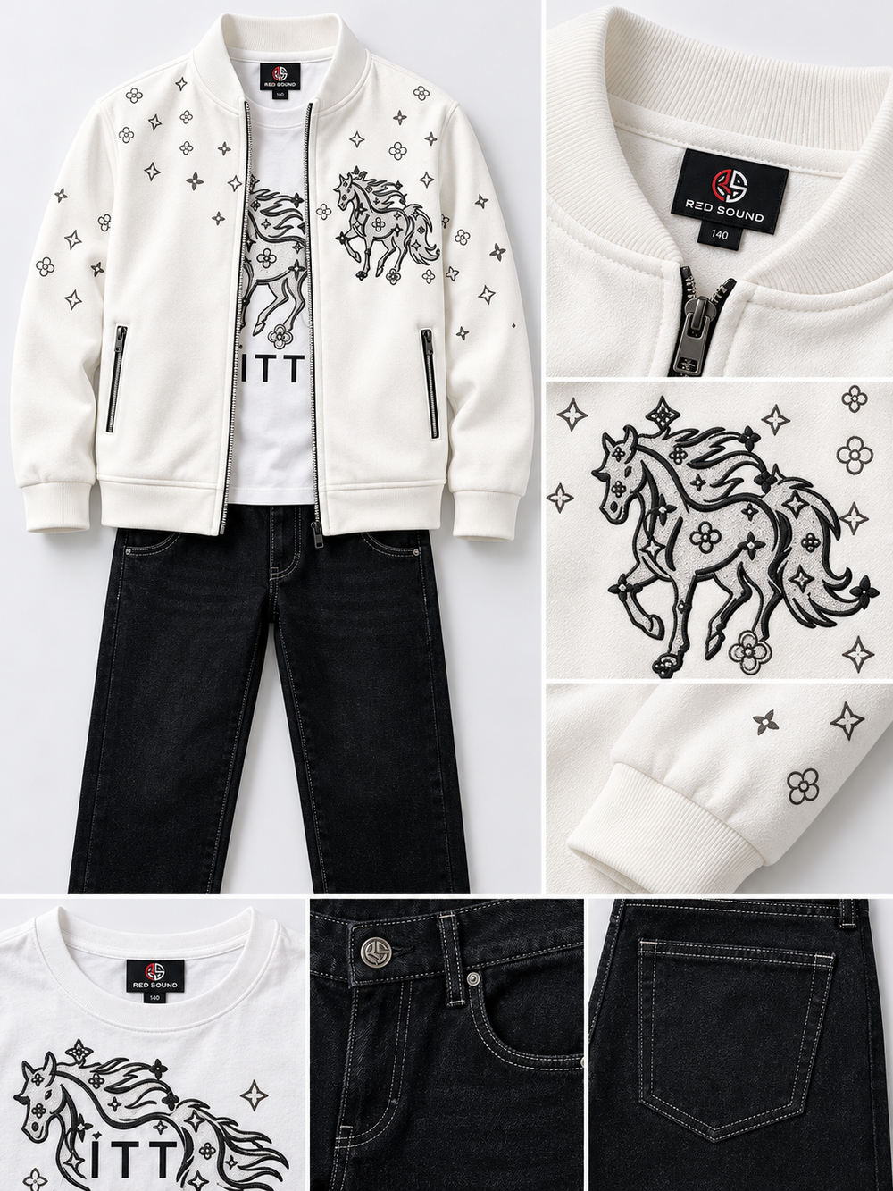Boys White Printed Jacket with T-Shirt