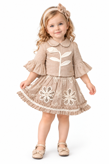 Girls Brown Floral Applique Top and Embroidered Skirt Set (Shoes Not Included)