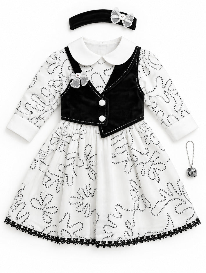 Girls White Embroidered Frock with Black Waistcoat