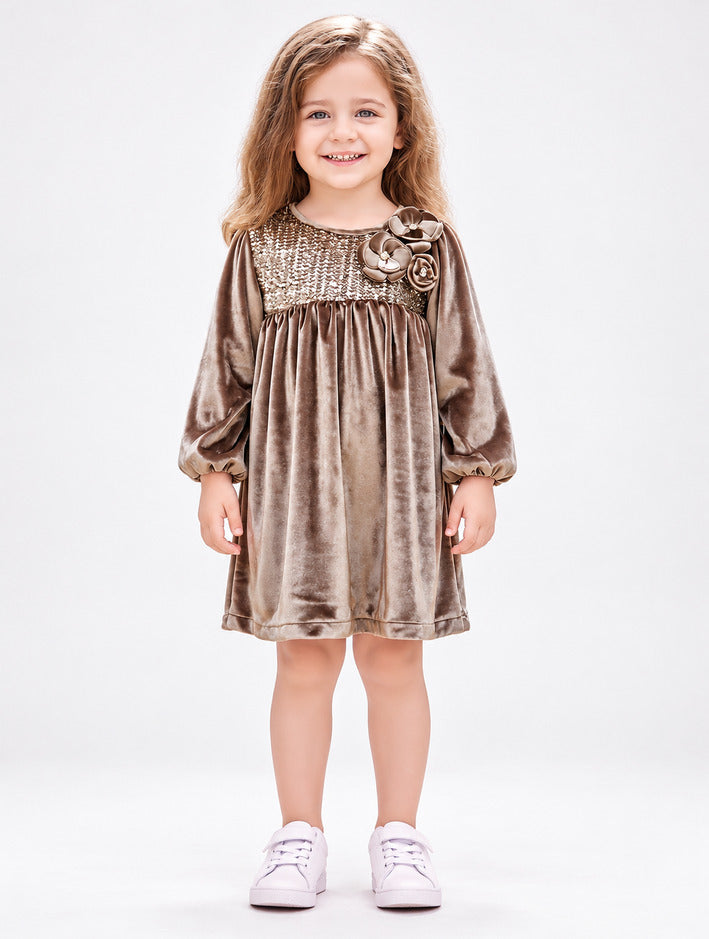 Girls Coffee Sequin Velvet Party Dress