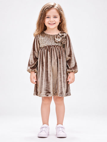 Girls Coffee Sequin Velvet Party Dress