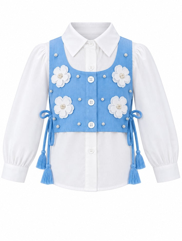Girls Light Blue Shirt, Embellished Waistcoat and Wide-Leg Pants Set