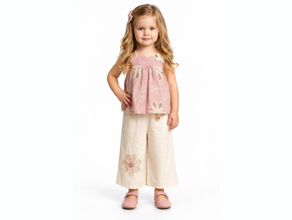 Girls Peach Floral Lace Top and Cream Palazzo Pants Set (Shoes Not Included)