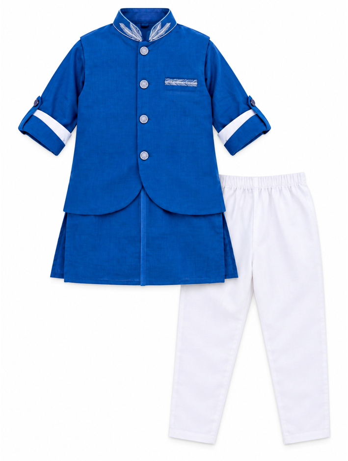 Boys Blue Embroidered Kurta with Attached Waistcoat and White Pajama Set (Shoes Not Included)