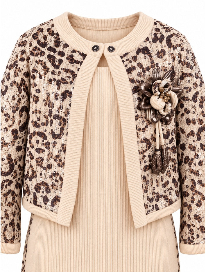 Girls Fawn Ribbed Dress with Animal Print Jacket