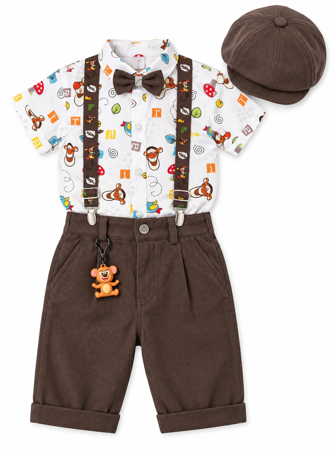 Boys White Cartoon Print Shirt and Brown Shorts Set with Bow Tie and Suspenders (Shoes Not Included)