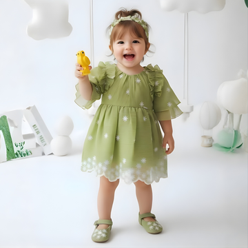 Girls Short Sleeved Green Party Frock