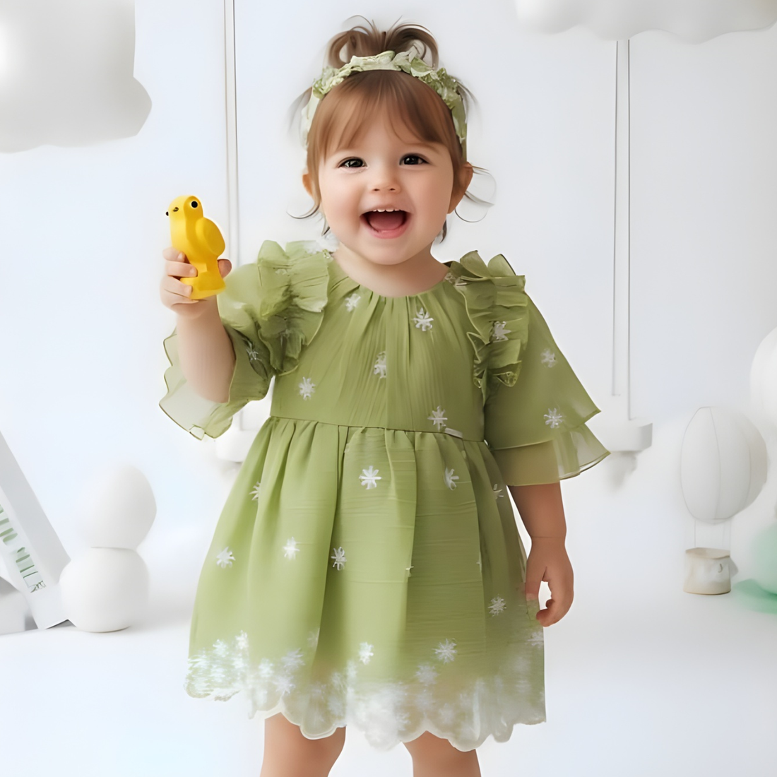 Girls Short Sleeved Green Party Frock