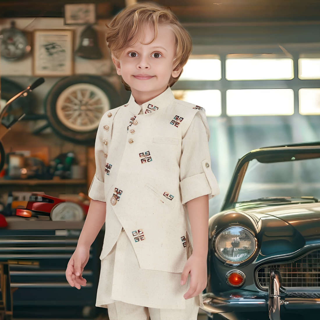 Boys Ethnic Cream  Embroidered  Kurta Set