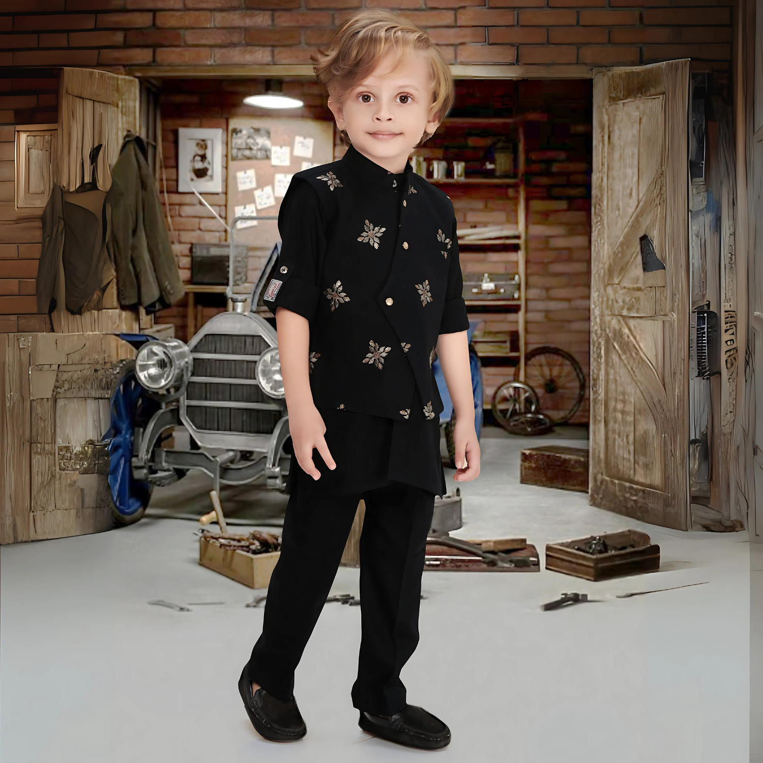 Boys Ethnic Black  Embroidered  Kurta Set