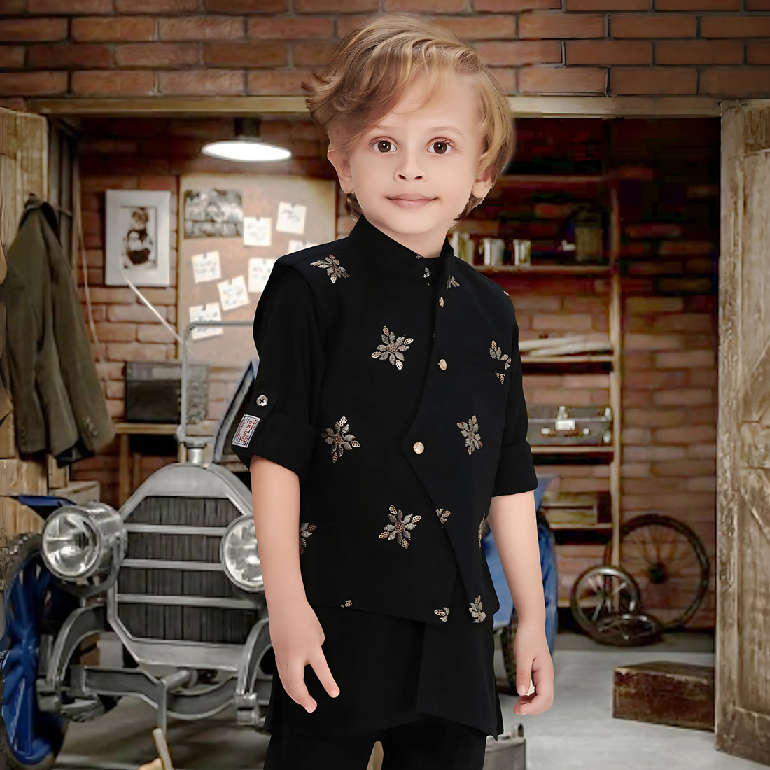 Boys Ethnic Black  Embroidered  Kurta Set