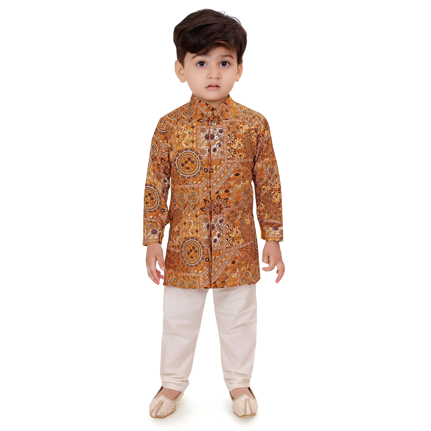 Mustard Silk Printed Kurta Pajama
