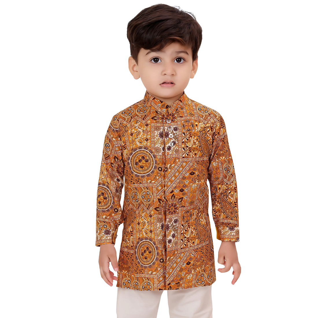 Mustard Silk Printed Kurta Pajama