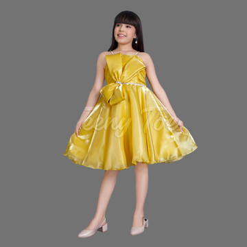 Mustard Floral Embellished Party Wear Frock For Girls