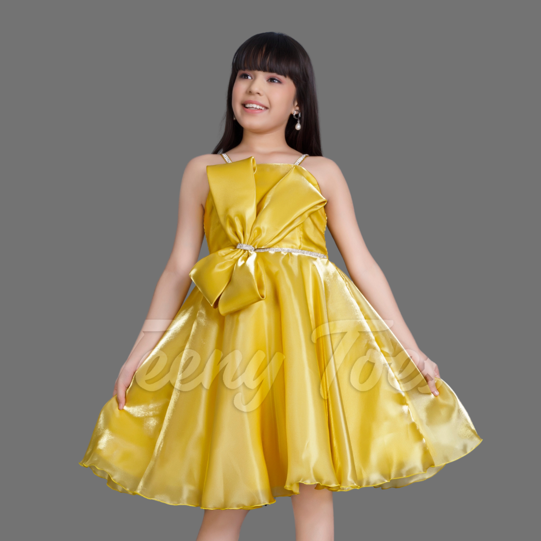Mustard Floral Embellished Party Wear Frock For Girls
