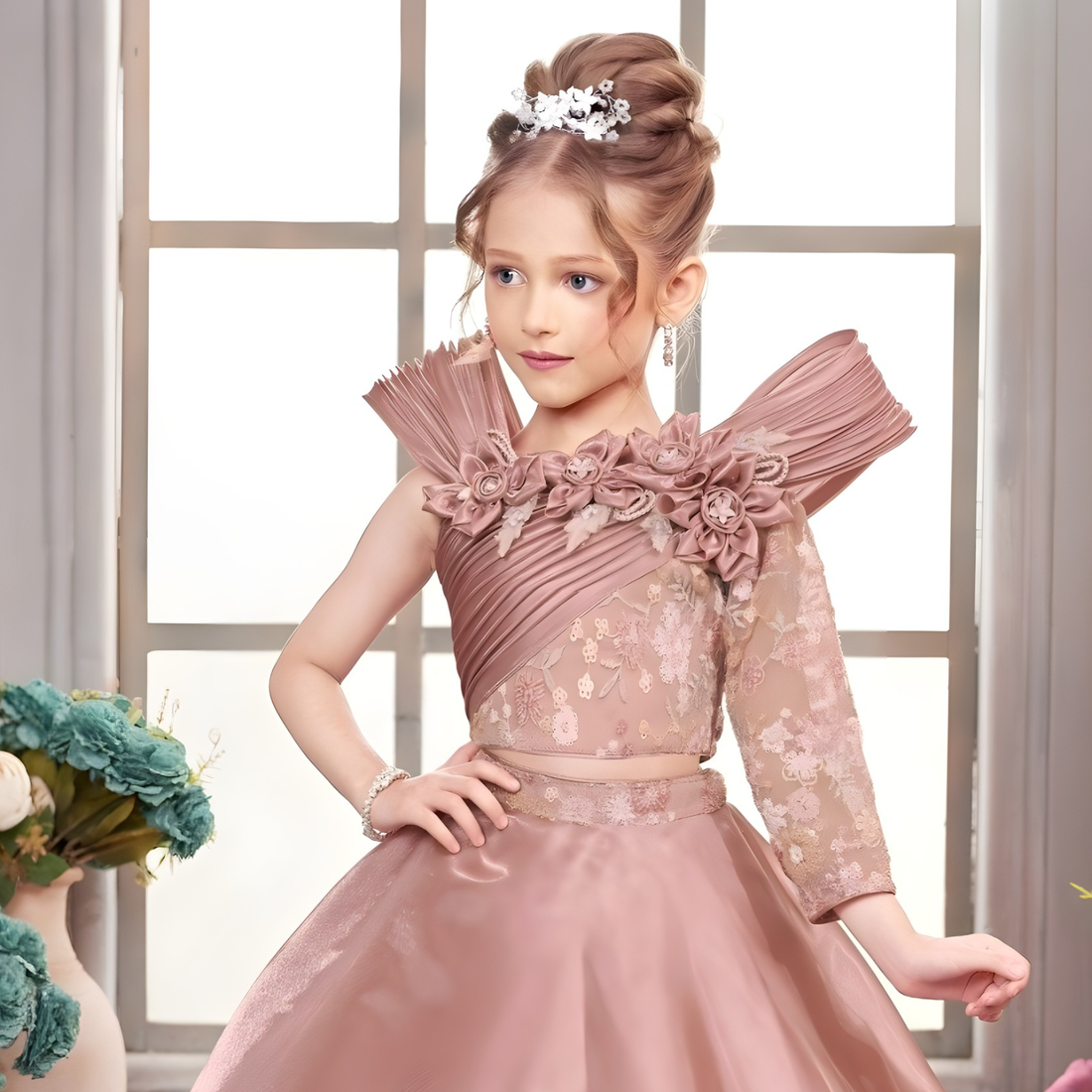 Girls Satin Peach Floral Work Lehenga Choli