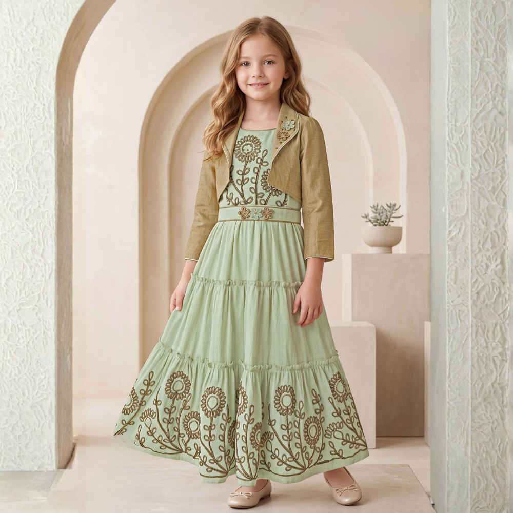 Girls Green Party wear Long Middy with Embroidery Jacket